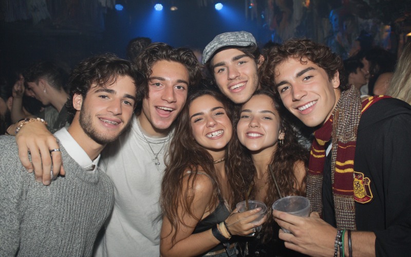 Grupo de amigos jóvenes celebrando un cumpleaños de Harry Potter en una fiesta temática en Madrid