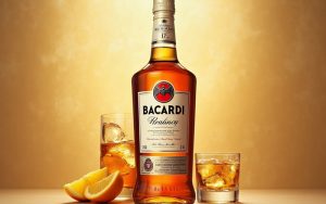 Botella de ron Bacardí con dos vasos con hielo y rodajas de naranja sobre fondo dorado