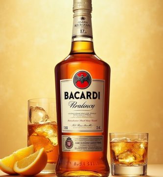 Botella de ron Bacardí con dos vasos con hielo y rodajas de naranja sobre fondo dorado