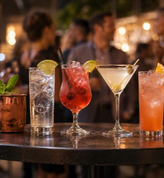 Varios combinados con vodka servidos en una mesa de bar, con hielo, cítricos y ambiente de fiesta al fondo.