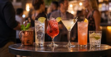 Varios combinados con vodka servidos en una mesa de bar, con hielo, cítricos y ambiente de fiesta al fondo.