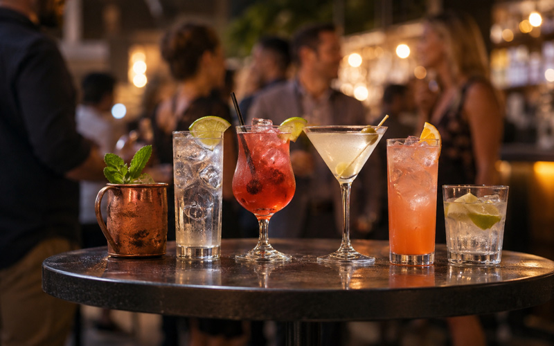 Varios combinados con vodka servidos en una mesa de bar, con hielo, cítricos y ambiente de fiesta al fondo.