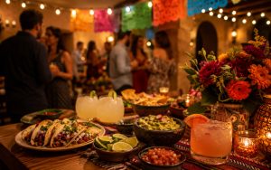 Mesa preparada para una fiesta mexicana con tacos, guacamole, bebidas, flores, papel picado y ambiente de celebración.