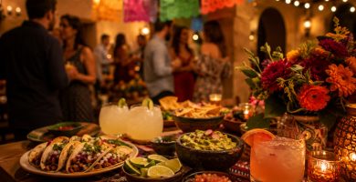 Mesa preparada para una fiesta mexicana con tacos, guacamole, bebidas, flores, papel picado y ambiente de celebración.