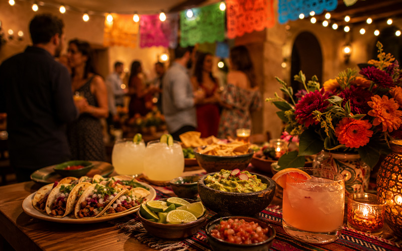 Mesa preparada para una fiesta mexicana con tacos, guacamole, bebidas, flores, papel picado y ambiente de celebración.
