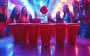 Beer Pong, uno de los juegos de beber para fiestas, con vasos rojos y una pelota en juego