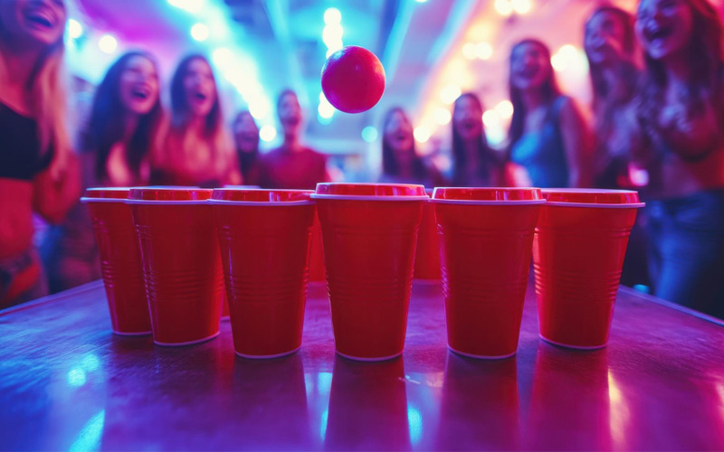 Beer Pong, uno de los juegos de beber para fiestas, con vasos rojos y una pelota en juego